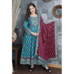 AC202 Cerulean Blue Kurti Maroon Dupatta