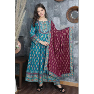 AC202 Cerulean Blue Kurti Maroon Dupatta