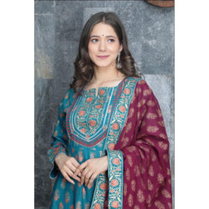 AC202 Cerulean Blue Kurti Maroon Dupatta v2
